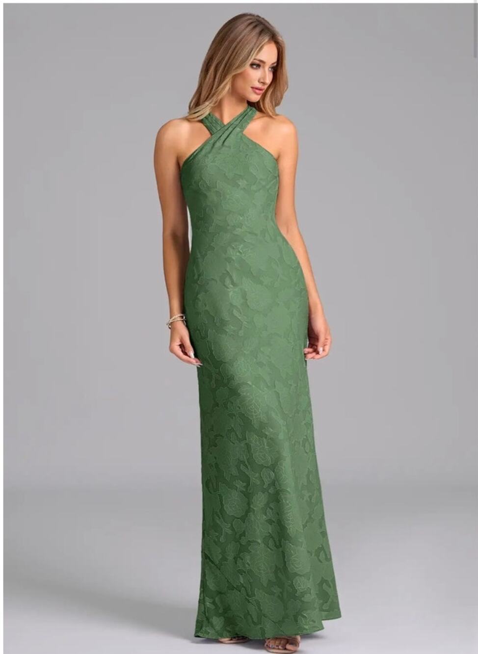 Azazie Eucalyptus Green Floral Long Dress halter neck tie back xs NWT